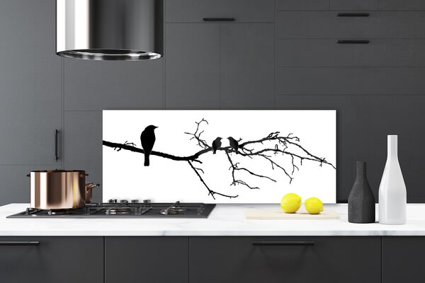 Panou sticla bucatarie Păsări Branch Art Negru