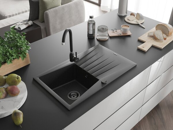 Mexen Cesar, chiuveta granit 775x470x190 mm, 1 camera, negru-argintiu metalic cu sifon negru, 6514771010-73-B