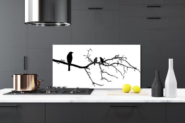 Panou sticla bucatarie Păsări Branch Art Negru