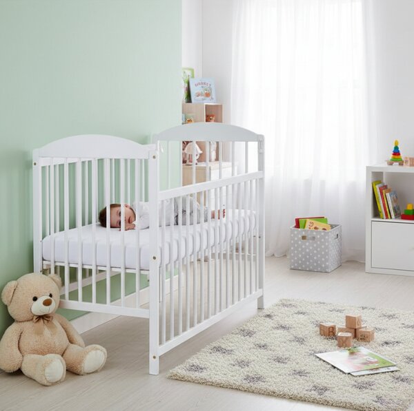 Patut din lemn masiv 120x60 cm Kidizi Orella alb cu laterala culisanta, reglabil pe 3 nivele, certificat EN71