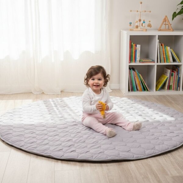 Covor copii de joaca gros rotund cu diametru de 150 cm Kidizi gri, model matlasat, lavabil si usor de intretinut