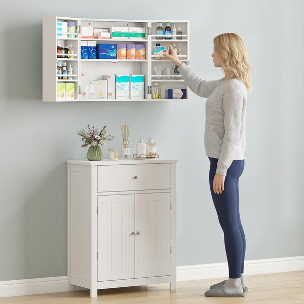 HOMCOM Dulap Medicamente de Perete cu Cheie, 3 Rafturi Interne și 8 Suporturi pentru Sticle, Dulap din MDF și Metal, pentru Bucătărie, Hol, Living, 53x20x53 cm, Alb | Aosom Romania