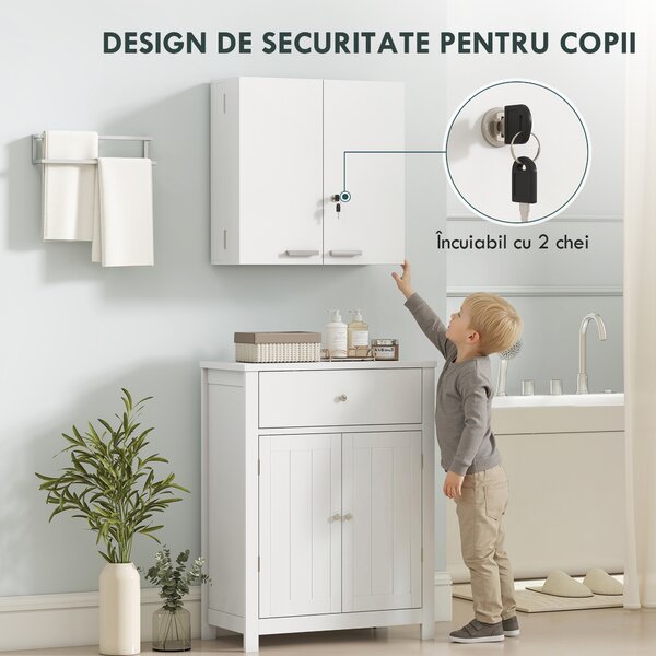 HOMCOM Dulap Medicamente de Perete cu Cheie, 3 Rafturi Interne și 8 Suporturi pentru Sticle, Dulap din MDF și Metal, pentru Bucătărie, Hol, Living, 53x20x53 cm, Alb | Aosom Romania