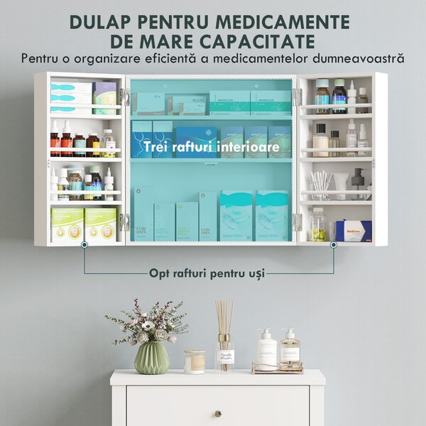 HOMCOM Dulap Medicamente de Perete cu Cheie, 3 Rafturi Interne și 8 Suporturi pentru Sticle, Dulap din MDF și Metal, pentru Bucătărie, Hol, Living, 53x20x53 cm, Alb | Aosom Romania