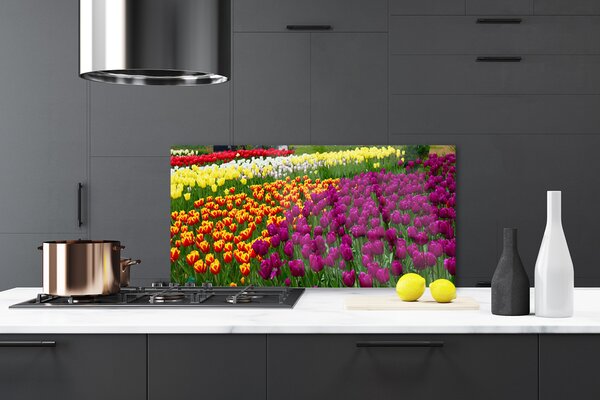 Panou sticla bucatarie Lalele Floral Galben Roșu Verde Alb