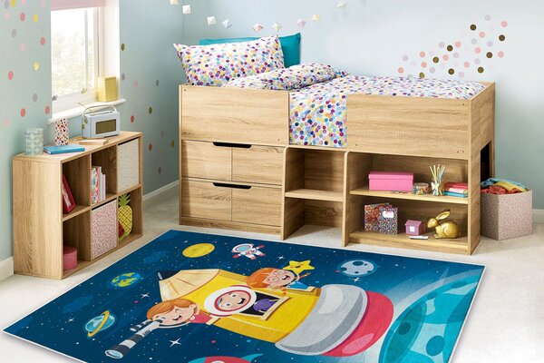 BAMBINO 42810 covor lavabil Rachetă, planete pentru copii anti-alunecare - albastru / maro