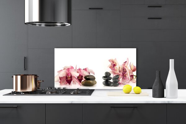 Panou sticla bucatarie Flori Stones Art Brun Negru Alb