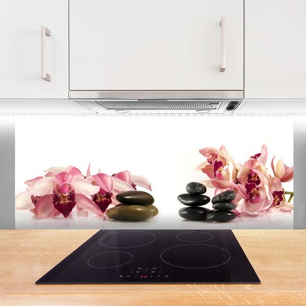Panou sticla bucatarie Flori Stones Art Brun Negru Alb
