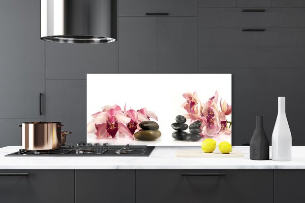 Panou sticla bucatarie Flori Stones Art Brun Negru Alb