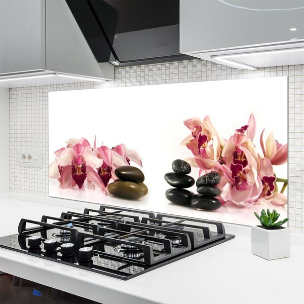 Panou sticla bucatarie Flori Stones Art Brun Negru Alb
