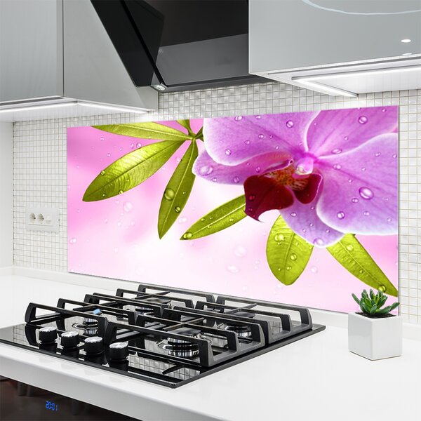 Panou sticla bucatarie Frunze florale flori roz verde