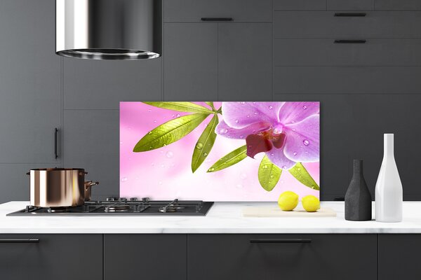 Panou sticla bucatarie Frunze florale flori roz verde