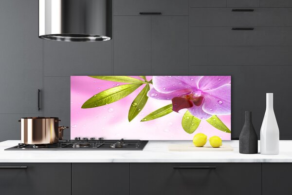 Panou sticla bucatarie Frunze florale flori roz verde
