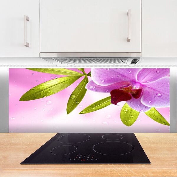 Panou sticla bucatarie Frunze florale flori roz verde
