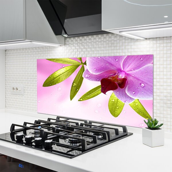 Panou sticla bucatarie Frunze florale flori roz verde