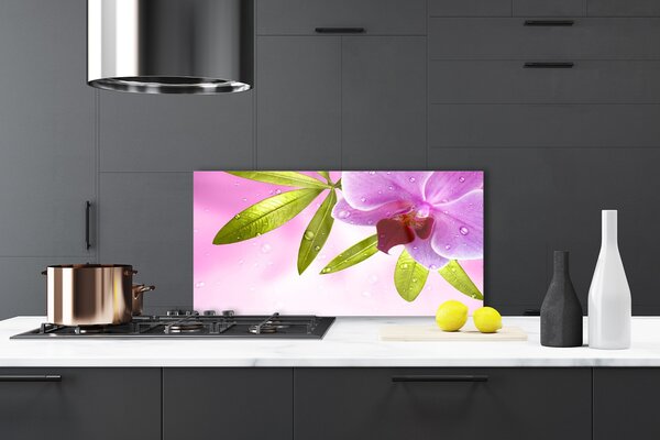 Panou sticla bucatarie Frunze florale flori roz verde
