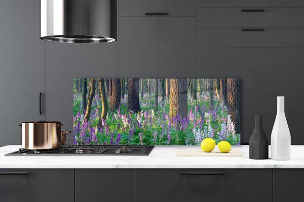 Panou sticla bucatarie Pădure Flori Natura Verde Violet Maro