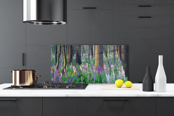 Panou sticla bucatarie Pădure Flori Natura Verde Violet Maro