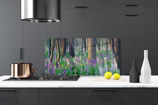 Panou sticla bucatarie Pădure Flori Natura Verde Violet Maro