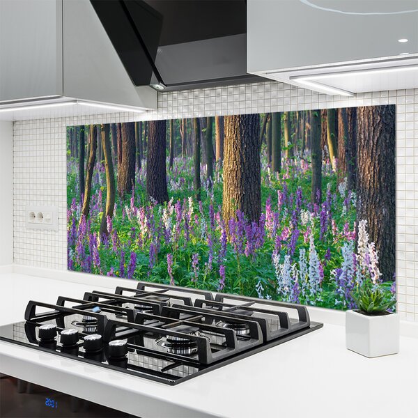 Panou sticla bucatarie Pădure Flori Natura Verde Violet Maro