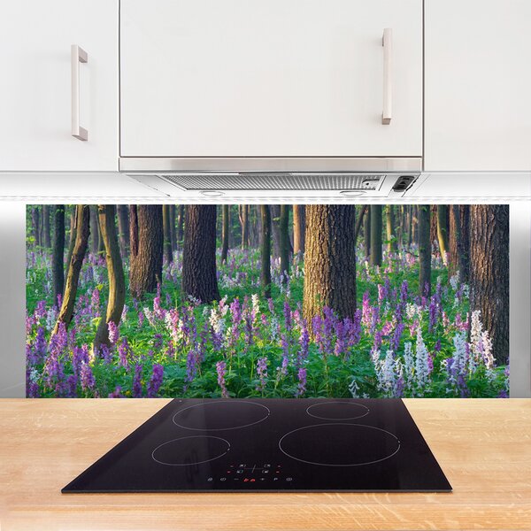 Panou sticla bucatarie Pădure Flori Natura Verde Violet Maro