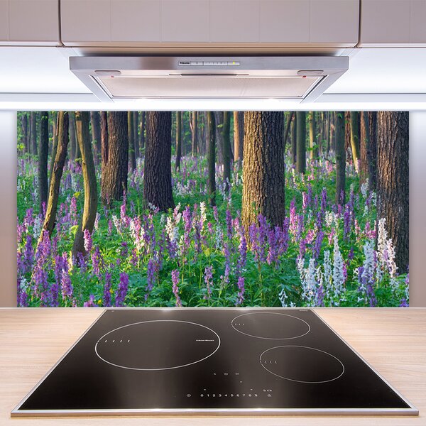 Panou sticla bucatarie Pădure Flori Natura Verde Violet Maro