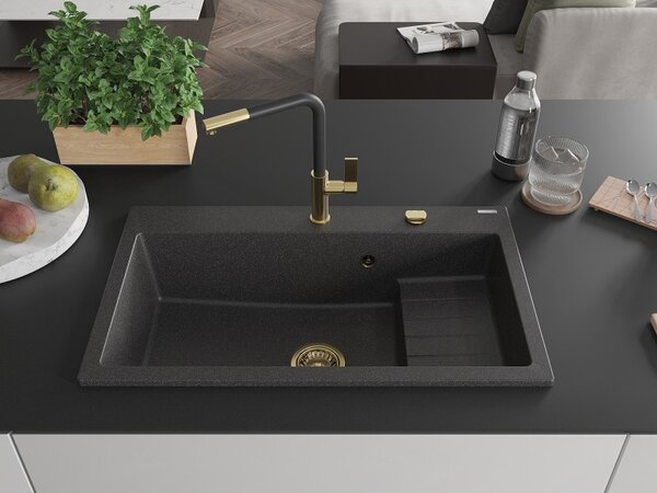 Mexen Omar, chiuveta granit cu 1 camera 800x480x210 mm, pete negre, sifon auriu, 6520801005-76-G