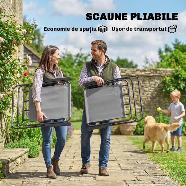 Outsunny Set de Masă de Grădină 8 Piese cu Umbrelă, Set Mobilier Grădină cu 6 Scaune Pliabile, Masă din Sticlă Temperată și Umbrelă pentru Terasă, Gri | Aosom Romania