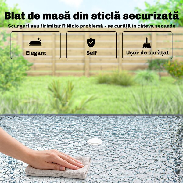 Outsunny Set de Masă de Grădină 8 Piese cu Umbrelă, Set Mobilier Grădină cu 6 Scaune Pliabile, Masă din Sticlă Temperată și Umbrelă pentru Terasă, Gri | Aosom Romania