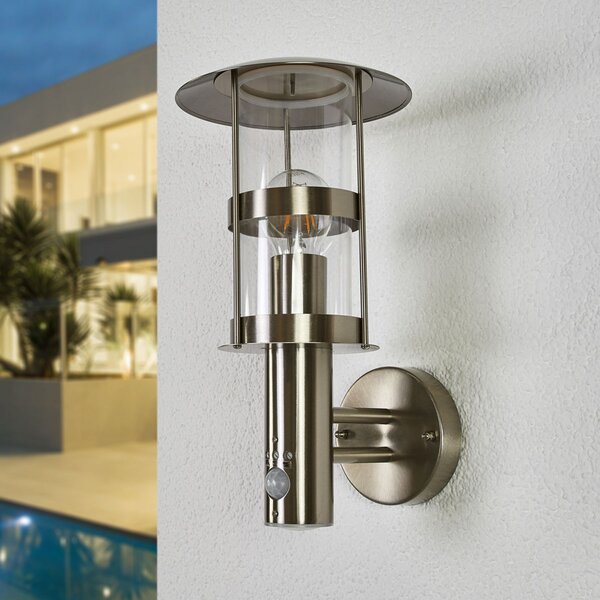 Lindby Aplică pentru exterior Noemi, senzor, gri, oțel inoxidabil, 34cm, reglabil, Metalic, Metal, Modern