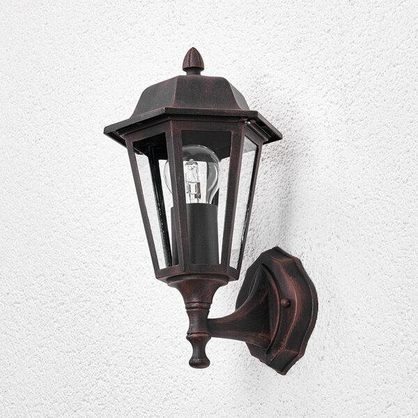 Lindby Lampă de exterior Lamina, soclu în partea superioară, felinar, E27, reglabil, Maro / Rugină, Sticlă, Antichitate