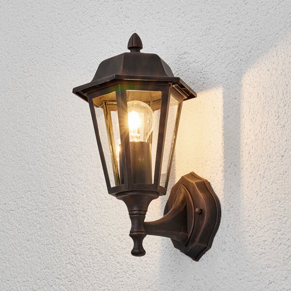 Lindby Lampă de exterior Lamina, soclu în partea superioară, felinar, E27, reglabil, Maro / Rugină, Sticlă, Antichitate