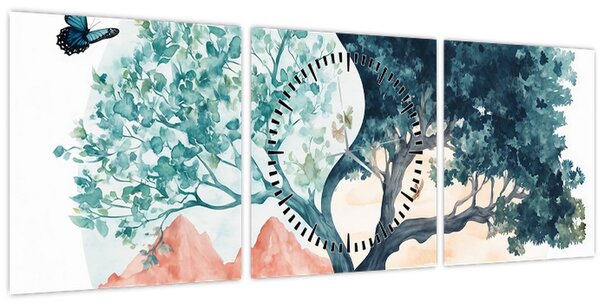 Tablou – Arbore acvarelă plin de viață (cu ceas) (90x30 cm)
