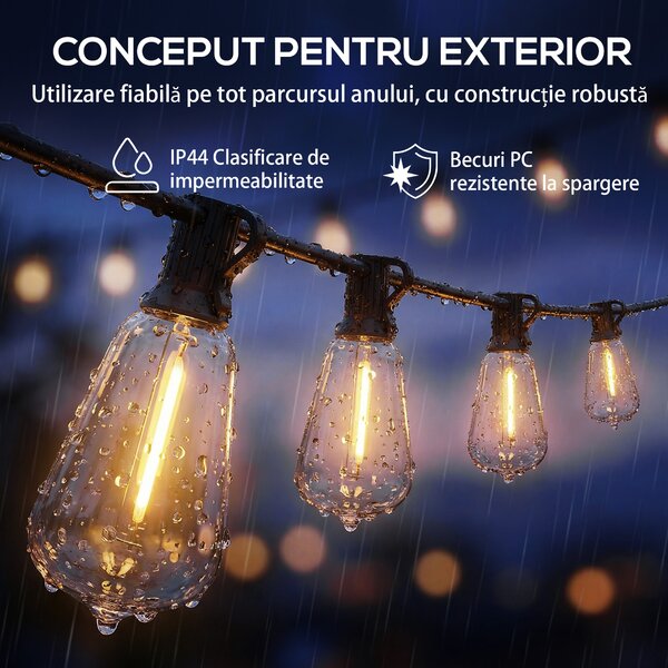 HOMCOM Lanț de Lumină, Lumini LED 50, 18 m, IP44 Impermeabile, Decorațiuni pentru Interior și Exterior, Grădină, Alb Cald | Aosom Romania