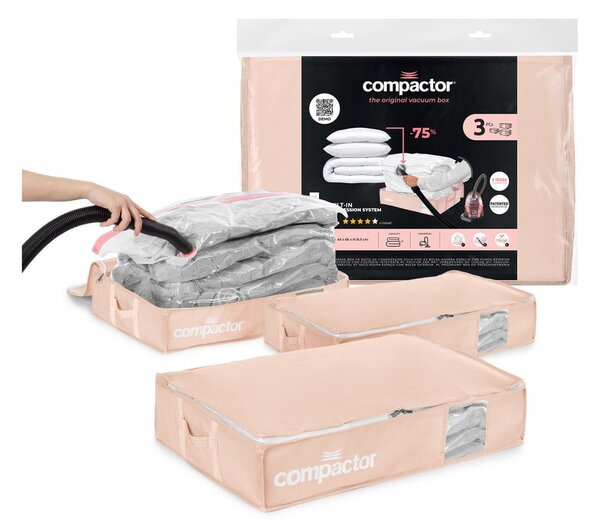 Cutii de depozitare sub pat 3 buc. din plastic cu vacuum 65x45x15,5 cm Pink Edition – Compactor