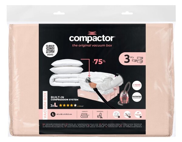 Cutii de depozitare sub pat 3 buc. din plastic cu vacuum 65x45x15,5 cm Pink Edition – Compactor