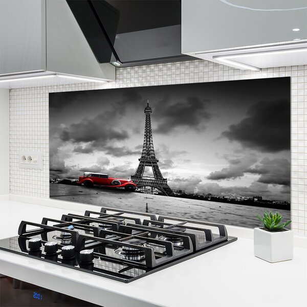 Panou sticla bucatarie Eiffelturm auto Paris Arhitectura Red Gray