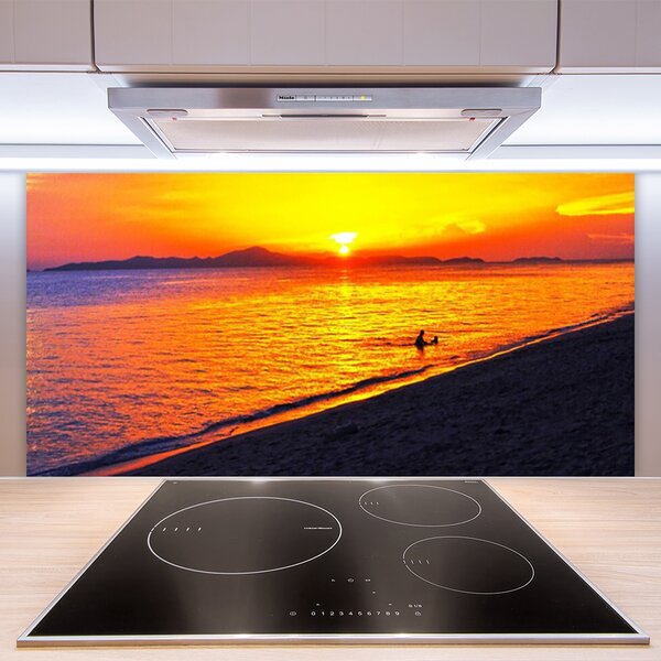 Panou sticla bucatarie Sea Sun Beach Peisaj Galben Gri Violet