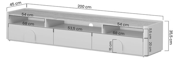 Comodă TV Amilio 200 cm cu sertare - eucalipt / stejar baltic dune / mânere stejar natur