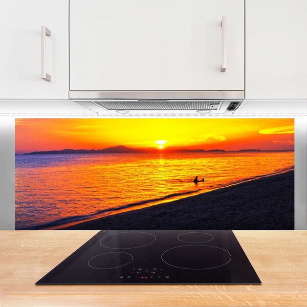 Panou sticla bucatarie Sea Sun Beach Peisaj Galben Gri Violet