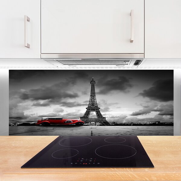 Panou sticla bucatarie Eiffelturm auto Paris Arhitectura Red Gray