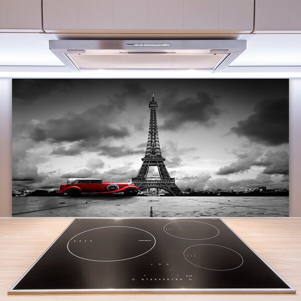 Panou sticla bucatarie Eiffelturm auto Paris Arhitectura Red Gray