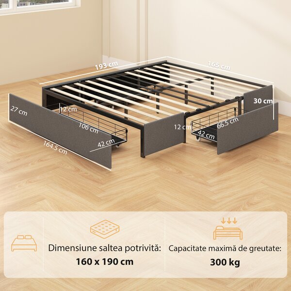 HOMCOM Somieră cu spațiu de depozitare, pat tapițat compact | Aosom Romania