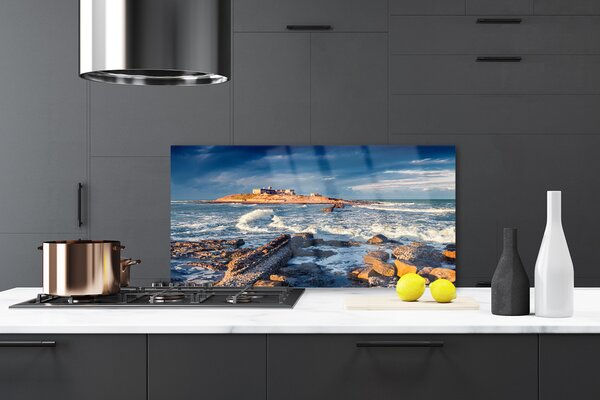 Panou sticla bucatarie Sea Stones Peisaj Albastru Galben Gri