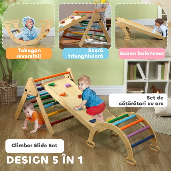 AIYAPLAY Set de Cățărat pentru Copii 5 în 1 cu Triunghi, Arcadă și Rampă, Perfect pentru Copii, 178x64,5x63 cm, Multicolor | Aosom Romania