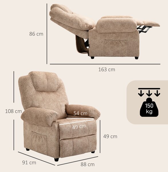 HOMCOM Fotoliu cu Înclinare Manuală Tapițat cu Suport Retractabil pentru Picioare și Buzunare Laterale, 88x91x108 cm, Bej | Aosom Romania