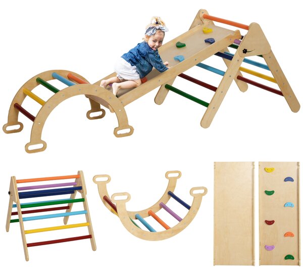AIYAPLAY Set de Cățărat 5 în 1 cu Triunghi Montessori, Arcadă și Rampă cu Pietre, 178x64,5x63 cm, Multicolor | Aosom Romania