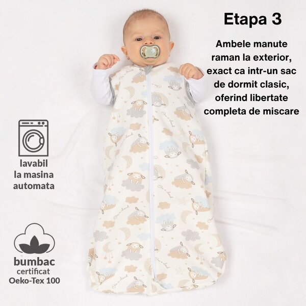 Sac de dormit copii multifunctional cu sistem infasat incorporat din bumbac flausat 0-6 luni Kidizi SnuggleNest On a Cloud Pastel, 1 tog