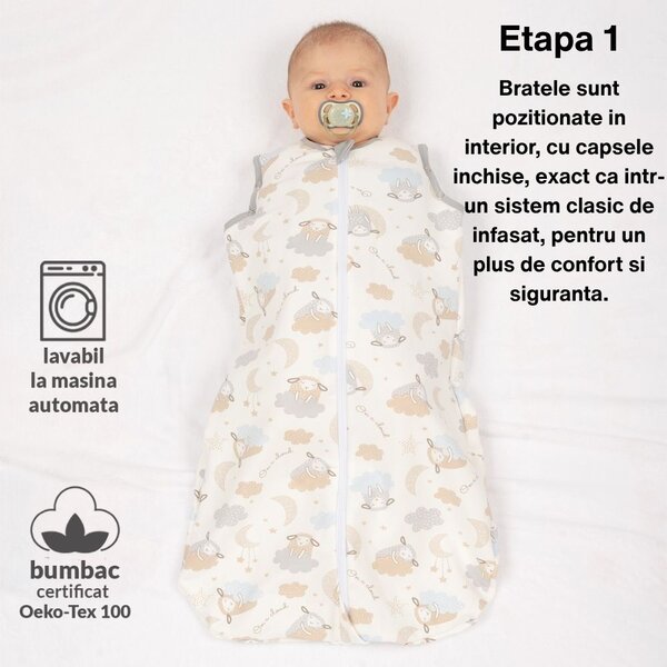 Sac de dormit copii multifunctional cu sistem infasat incorporat din bumbac flausat 0-6 luni Kidizi SnuggleNest On a Cloud Pastel, 1 tog