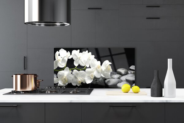 Panou sticla bucatarie Pietre florale flori alb negru